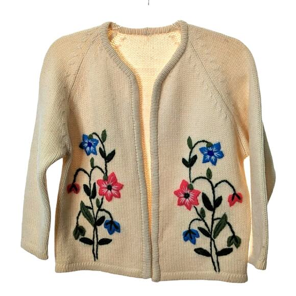 Vintage 60's Open Front Cardigan Off White Embroidered Floral Granny Sweater - Picture 1 of 6